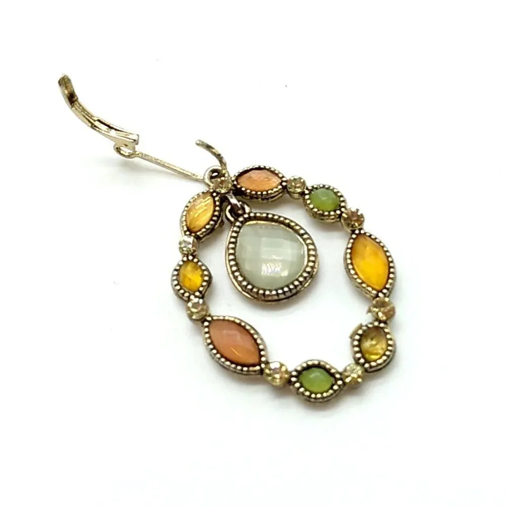 Faceted Oval Jeweled Leverback Earrings w Drop Teardrop Center